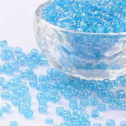 (servicio de reempaquetado disponible) perlas de vidrio, trans. colores Abrillantado, redondo, ligoht cian, 6/0, 4mm, agujero: 1.5 mm, aproximamente 12 g / bolsa