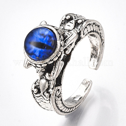 Сплав манжеты кольца пальцев, со стеклом, широкая полоса кольца, драконий глаз, античное серебро, синие, размер США 8 1/2 (18.5 мм)