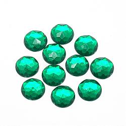 Acrílico Diamante de imitación plana espalda cabujones, facetados, plateado inferior, medio redondo / cúpula, verde oscuro, 6x2.5mm