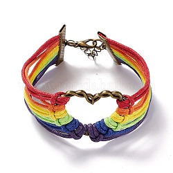 Rainbow Pride Bracelet, Heart Link Wide Bracelet, Waxed Cords Bracelet for Men Women, Colorful, 9-3/8 inch(23.8cm)