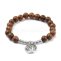 Charm Bracelets, with Natural Wood & Non-magnetic Synthetic Hematite Beads, Tibetan Style Alloy Pendants, Flat Round with Tree of Life, Coconut Brown, 2 inch(5cm), Beads: 8.5mm and 4mm