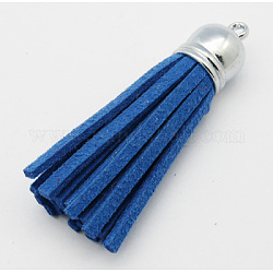 Suede Tassels, with Brass Findings, Nice for DIY Earring or Cell Phone Straps Making, Platinum, Blue, 55~65x12mm, Hole: 1.5mm