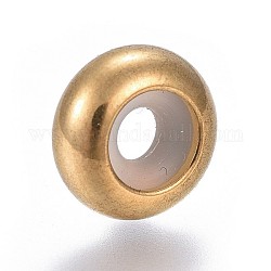 Perles en 304 acier inoxydable, avec caoutchouc à l'intérieur, perles de curseur, perles de bouchage, rondelle, or, 10x4.5mm, trou: 5 mm, trou en caoutchouc: 3 mm