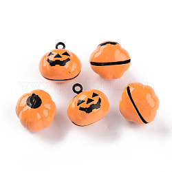 Halloween Backen gemalt Messing Glocke Anhänger, Kürbis-Kürbislaterne, orange, 18.5x18.5x17 mm, Bohrung: 2 mm