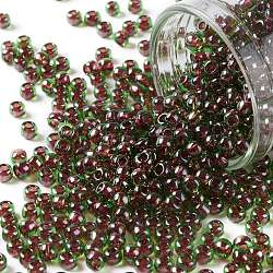 Cuentas de semillas redondas toho, Abalorios de la semilla japonés, (250) color interior peridoto / forrado fucsia, 8/0, 3mm, agujero: 1 mm, aproximamente 222 unidades / 10 g