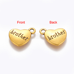 Tibetan Style Alloy Pendants, Heart with Word Brother, Cadmium Free & Lead Free, Antique Golden, 16x17x3mm, Hole: 2mm