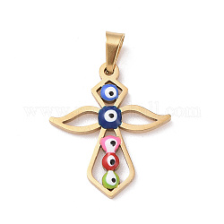 Vacuum Plating 304 Stainless Steel Enamel Pendants, Golden, Cross with Evil Eye, Colorful, 22.5x19.5x2mm, Hole: 5x3mm