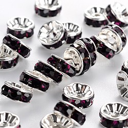Abalorios de latón Diamante de imitación espaciador, Grado A, brida recta, color plateado, rerondana plana, amatista, 8x3.8mm, agujero: 1.5 mm