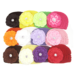Ручная работа вязания крючком детская шапочка, С тканевыми цветами, разноцветные, 180 мм