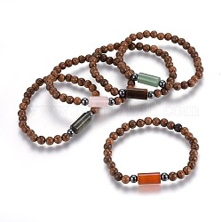 Wood Beads Stretch Bracelets, with Natural Gemstone and Non-Magnetic Synthetic Hematite Beads, 2-1/8 inch(5.3cm)