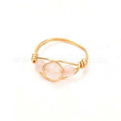 Copper Wire Wrapped Natural Rose Quartz Braided Bead Rings for Women, Real 18K Gold Plated, US Size 7 3/4, Inner Diameter: 18mm