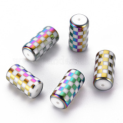 Abalorios de vidrio electroplate, columna con patrón de cuadrícula, colorido, 20x10mm, agujero: 1.2 mm, 50 unidades / bolsa