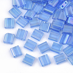 2-Loch transparente Glasperlen, ab farben, Rechteck, Kornblumenblau, 5x4.5~5.5x2~2.5 mm, Bohrung: 0.5~0.8 mm