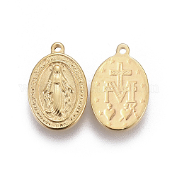 304ステンレス鋼の宗教チャーム  聖母マリアとオーバル  ゴールドカラー  13x8.5x1.6~1.8mm  穴：0.8mm