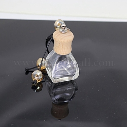 Pendentifs de bouteille de parfum en verre vide, Flacon diffuseur d'huiles essentielles de parfum d'aromathérapie, avec cordon couleur café, décor suspendu de voiture, avec couvercle en bois, carrée, 4.38x3.7 cm