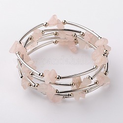 Edelstein-Chip-Kette Armbänder, Stahlarmband Speicherdraht mit Messingrohr Perlen und Eisen runde Perlen, Platin Farbe, Rosenquarz, 53 mm