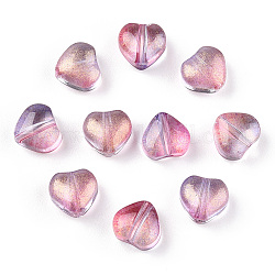 Perles de verre peintes par pulvérisation transparent, avec de la poudre de paillettes, cœur, moyen orchidée, 6x6x4mm, Trou: 0.7mm