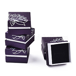 Imprimés bijoux en carton boîtes ensemble, avec une éponge noire à l'intérieur, carré avec motif de fleurs, violet, 5.2x5.2x3.6 cm