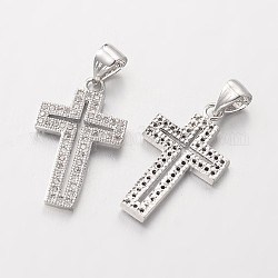 Pendentifs croix en laiton avec zircone cubique de micro pave, sans plomb et sans nickel, platine, 21x12.5x1.5mm, Trou: 3x4mm