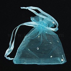 Organza Gift Bags, with Drawstring and Sparkling Dots, Cyan, 9x7cm