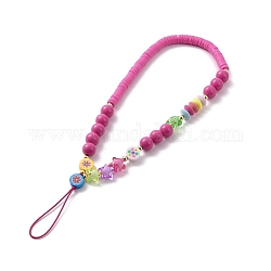 Round & Star Acrylic Beaded Mobile Phone Lanyard Wrist Strap, Cute Phone Charm Polymer Clay Disc Phone Anti-Lost Chain for Women Girls , Deep Pink, 230~235mm