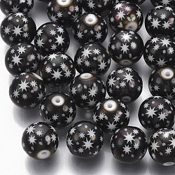 Perles de verre galvanoplastie de Noël, ronde avec motif en étoile, plaqué gris anthracite, 10mm, Trou: 1.2mm