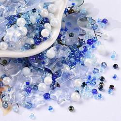 Kit de búsqueda de fabricación de joyas de diy, cuentas de vidrio y semillas, ronda y estrella y luna, azul, 2~16x2~12x3~7mm, agujero: 0.8~1.2 mm