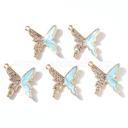 Alloy Enamel Pendants, with Rhinestone, Butterfly, Light Gold, Pale Turquoise, 19x19x3mm, Hole: 1.4mm