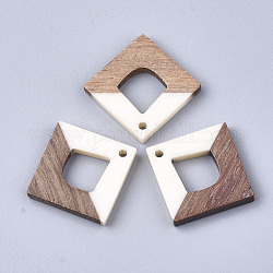 Resin & Walnut Wood Pendants, Rhombus, Creamy White, 27x27x4mm, Hole: 2mm