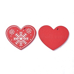 Poplar Wood Pendants, Dyed, Heart with Snowflake, Red, 51x62x3mm, Hole: 3mm