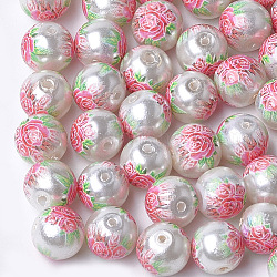 Printed & Spray Painted Imitation Pearl Glass Beads, Round with Flower Pattern, WhiteSmoke, 8~8.5x7.5mm, Hole: 1.4mm