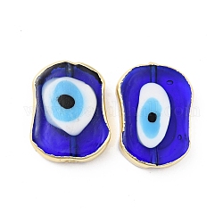 Placage en rack perles au chalumeau faites à la main mauvais œil, avec les accessoires en laiton, Plaqué longue durée, ovale, bleu, 25x18x5.5~6mm, Trou: 1.8mm