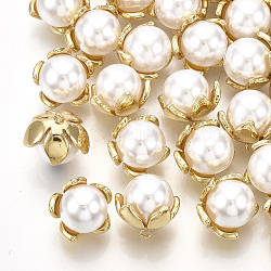Abs de plástico imitación perla encantos, con fornituras de latón, flor, real 18k chapado en oro, 11x10x11mm, agujero: 0.8 mm
