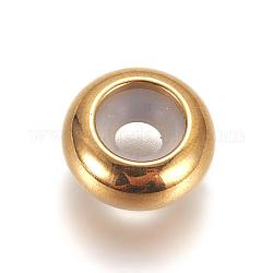 Perles en 304 acier inoxydable, avec caoutchouc à l'intérieur, perles de curseur, perles de bouchage, rondelle, or, 6x3mm, Trou: 3mm, trou en caoutchouc: 2 mm