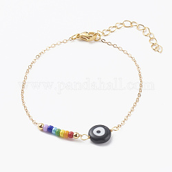 Evil Eye Lampwork Beaded Bracelets, with Round Glass Seed Beads and Brass Cable Chains, Golden, Black, 7-1/4 inch(18.5cm)