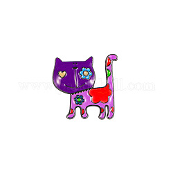 Gato con insignias de flores, alfileres de esmalte de aleación, lindo broche de dibujos animados, púrpura, 26x25mm