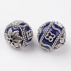 Runde Perlen mit handgefertigten Indonesien, mit Strass und antikes Silber überzogene Legierungskerne, mittelblau, 22x20 mm, Bohrung: 2 mm
