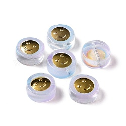 Perle di vetro verniciate a spruzzo trasparente, con i risultati in ottone dorato, piatta e rotonda con il sorriso, lilla, 11.5x4mm, Foro: 1.2 mm