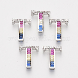 Breloques de glissière zircone cubique en laiton, Platine plaqué réel, colorées, lettre, letter.t, 18x15x5mm, trou: 1x1 mm et 1x4 mm