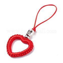 Accessoires mobiles cordon en nylon tressé coeur, décor de pendentif suspendu de téléphone, avec des perles de crâne en alliage, perles de laiton européennes et accessoires en fer, rouge, 11 cm