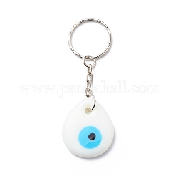 Larme faite à la main au chalumeau mauvais œil pendentifs porte-clés, avec les accessoires en fer, blanc, 8.5 cm