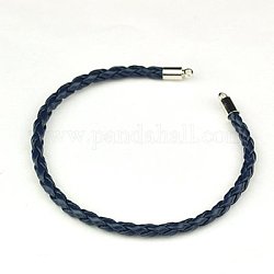 Braided PU Leather Cord Bracelet Making, with Brass Cord Ends, Nice for DIY Jewelry Making, Marine Blue, 165x3mm