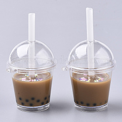 Openable Acrylic Bottle Big Pendants, with Resin, Polymer Clay Inside and Plastic Straw, Bubble Tea/Boba Milk Tea, Saddle Brown, 64~74x43x37.5mm, Hole: 2.5mm