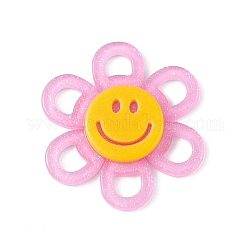 Cabuchones de acrílico, con polvo del brillo, flor con cara sonriente, violeta, 37x4.5mm
