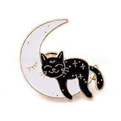 Katze mit Mond-Emailnadel, süße Legierungs-Emaille-Brosche für Rucksäcke Kleidung, Licht Gold, weiß, 30x31x9.5 mm