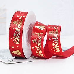 Cintas planas de raso de poliéster con estampado de feliz navidad de 22 m, cintas de estampación en caliente, rojo, 1 pulgada (25 mm), alrededor de 24.06 yarda (22 m) / rollo