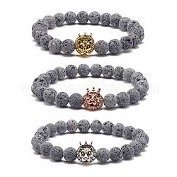 Bracelet extensible en pierre de lave naturelle, bracelet de perles en alliage de style tibétain lion, articles anti-dépression et anti-anxiété cadeaux pour hommes femmes, couleur mixte, diamètre intérieur: 2-1/4 pouce (5.6 cm)