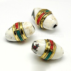 Handmade tibetischen Stil Perlen, Sterling Silber mit Türkis und synthetischer Koralle, Reis, Antik Golden, Rauch weiss, 24~30x18~19 mm, Bohrung: 3 mm