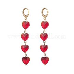 Boucles d'oreilles pendantes à pampille coeur en verre, Boucles d'oreilles pendantes longues en laiton doré pour femme, rouge, 70mm, pin: 0.8 mm