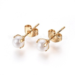 304 Orecchini in acciaio inox, con perle acriliche imitazione perla e orecchino / fondo orecchini, tondo, bianco, oro, 16.5x4.5mm, pin: 0.7mm, 12pairs / scheda